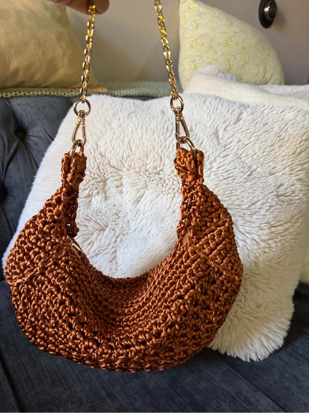 Zara Woven Crocheted Shoulder Bag in Burnt Orange - Women’s Stylish Hobo